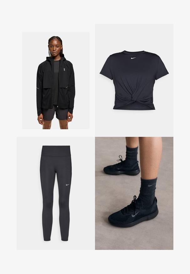 Chaqueta negra ligera con capucha, cierre de cremallera frontal, puños elásticos y detalles reflectantes. Combinada con una camiseta oscura y pantalones cortos, diseño minimalista.; Camiseta atlética negra hecha de tela suave, con un diseño de nudo en la parte delantera y un pequeño logo blanco de Nike en el pecho.; Leggings negras de tela elástica, con una cintura alta y un logo blanco de Nike en el muslo izquierdo. Textura suave, diseño ajustado.; Zapatillas Nike negras con parte superior de punto texturizado, que cuentan con un logo de swoosh gris, combinadas con calcetines oscuros de canalé. Suela de goma plana.