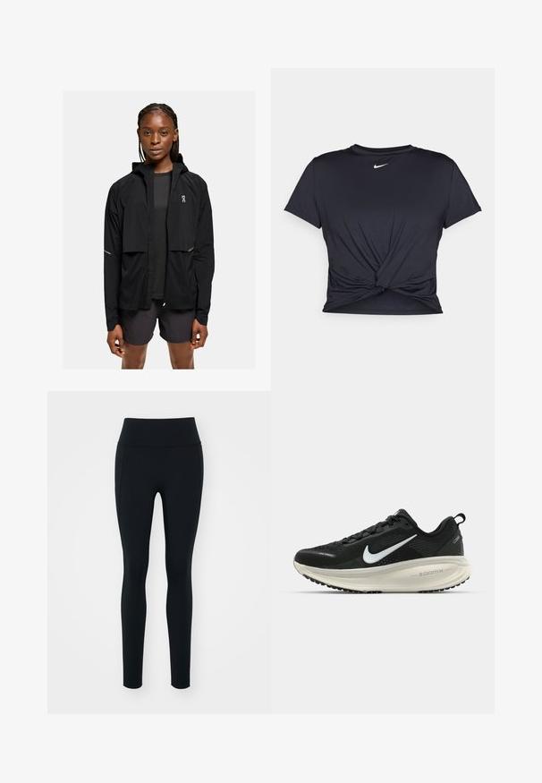 Schwarze, leichte Kapuzenjacke mit Reißverschluss vorne, elastischen Bündchen und reflektierenden Akzenten. Kombiniert mit einem dunklen Oberteil und Shorts, minimalistisches Design.; Schwarzes Sport-T-Shirt aus glattem Stoff, mit einem geknoteten Vorderdesign und einem kleinen weißen Nike-Logo auf der Brust.; Schwarze Leggings aus dehnbarem Material mit hohem Bund. Glatte Textur, taillierte Passform und keine sichtbaren Verzierungen oder Muster.; Schwarzer Nike-Laufschuh mit atmungsaktivem Mesh-Obermaterial, weißem Swoosh-Logo, strukturierten Details und einer cremefarbenen ZoomX-Zwischensohle.