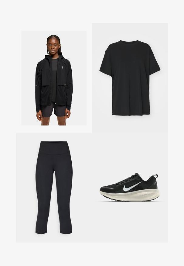 Must üksikasjalik must kerge kapuutsi jope, millel on lukuga esiosa, elastsed mansetid ja peegeldavad aksessuaarid. Kombineeritud tumeda topi ja lühikeste pükstega, minimaalne disain.; Must have lühikeste varrukatega must t-särk, mis on valmistatud siledast kangast, ümmarguse kaelusega ja laia lõikega. Omab külgslitsid, mis pakuvad lisamugavust ja hingavust.; Mustad mustad õhukesed leggingud, mis on valmistatud venivast kangast, kõrge vöökoha ja siledaga, ilma nähtavate mustrite või metalldetailideta.; Musthave mustus Nike jooksujalats, millel on hingav võrgust ülemine osa, valge swoosh logo, tekstuuriga detailid ja kreemja värvusega ZoomX vahevöö.