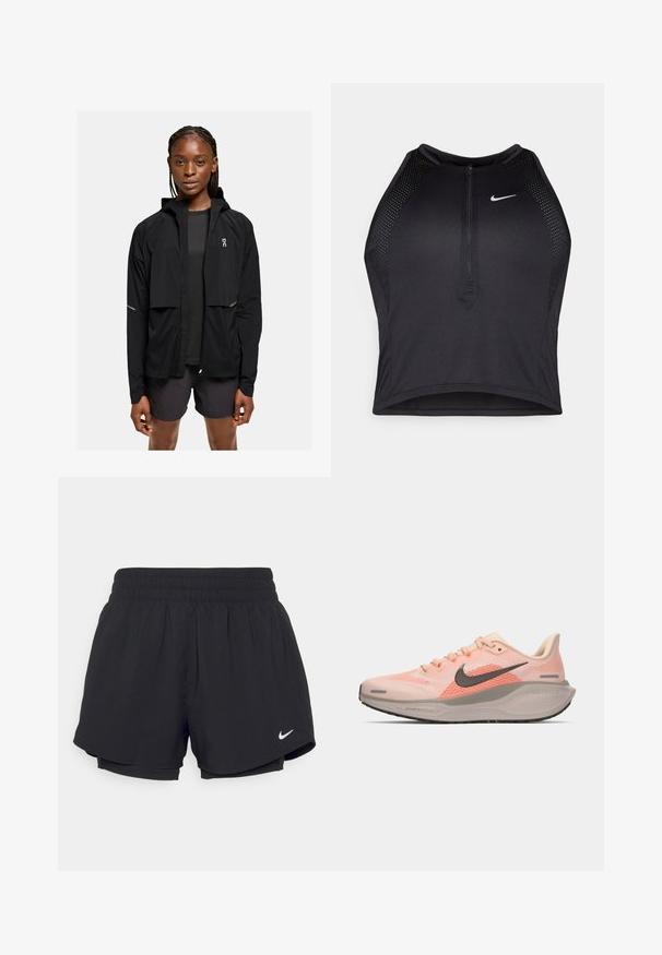 Black lightweight hooded jacket with a zip front, elastic cuffs, and reflective accents. Paired with a dark top and shorts, minimal design.; Black athletic crop top with a zip-front, mesh accents, and a fitted design. Made from stretchy, breathable fabric. Nike logo on front.; Black athletic shorts with a gathered elastic waistband, inner lining, and white Nike logo on the lower left side. Smooth, lightweight fabric.; Light pink running shoe with a breathable mesh upper, dark gray Nike swoosh, soft midsole, and textured black outsole.