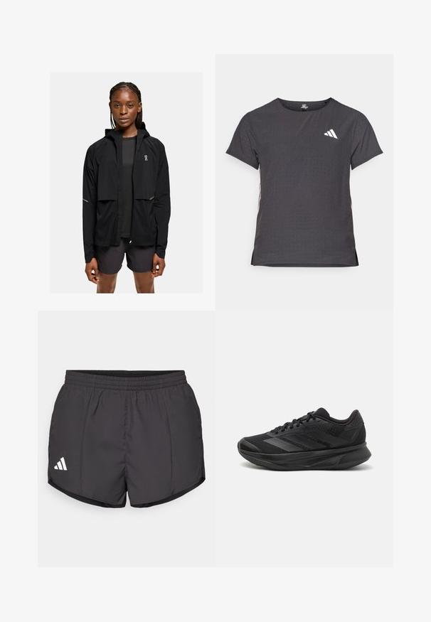 Čierna ľahká bunda s kapucňou, so zapínaním na zips, elastickými manžetami a reflexnými akcentmi. Doplnená o tmavý top a šortky, minimalistický dizajn.; Tričko s krátkym rukávom pre šport, tmavosivé s perforovanou textúrou. Obsahuje biele logo a kontrastné bočné pruhy. Okrúhly výstrih.; Čierne športové šortky vyrobené z ľahkej látky, s elastickým pásom a bielym logom Adidas na dolnej ľavej strane.; Čierna bežecká obuv s priedušným sieťovaným zvrškom, zaoblenou špičkou, štíhlym dizajnom, štruktúrovanými akcentmi a polstrovanou podrážkou pre pohodlie.