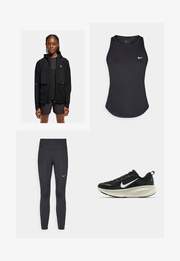 Sort letvægts hættetrøje med lynlås foran, elastiske manchetter og refleksdetaljer. Parret med en mørk top og shorts, minimalistisk design.; Sort atletisk tanktop fremstillet af svedtransporterende materiale. Har en rund halsudskæring, tætsiddende pasform og hvidt Nike-logo på brystet.; Sorte leggings lavet af strækbart stof, med en høj talje og et hvidt Nike-logo på venstre lår. Glat tekstur, tætsiddende design.; Sort Nike løbesko med åndbart mesh-overdel, hvidt swoosh-logo, tekstureret detaljering og en cremede ZoomX mellemsål.