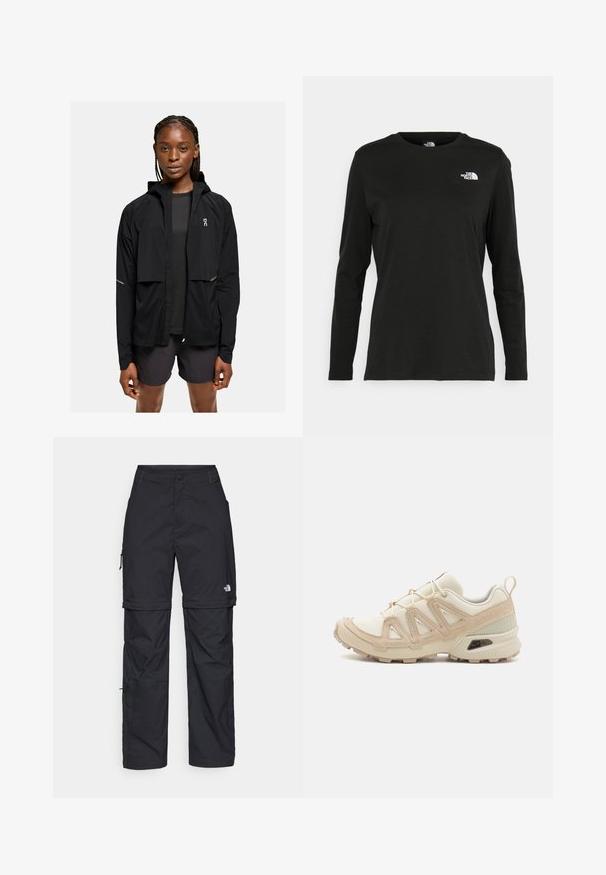 Veste légère noire à capuche avec un zip à l'avant, des poignets élastiques et des accents réfléchissants. Associée à un haut sombre et un short, design minimal.; T-shirt noir à manches longues en coton avec un col rond. Présente un petit logo blanc sur la partie gauche de la poitrine. Design et coupe simples.; Pantalons cargo en nylon noir, à zip amovible, avec chevilles ajustables, plusieurs poches et un logo sur la jambe droite. Texture lisse et légère.; Baskets de sport beiges et crème avec une tige en mesh texturé, des superpositions de soutien et une semelle en caoutchouc dotée d'un motif de crampons pour une traction.