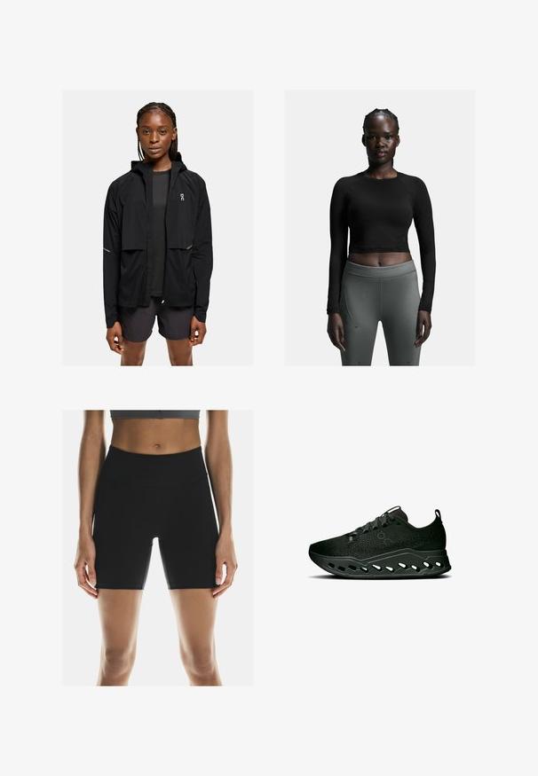 Black lightweight hooded jacket with a zip front, elastic cuffs, and reflective accents. Paired with a dark top and shorts, minimal design.; Black long-sleeve crop top paired with fitted dark grey leggings. Top features a simple design; leggings have side seams and a smooth texture.; On PERFORMANCE - Running tights - black; On CLOUDSURFER MAX - Road running shoes - black eclipse