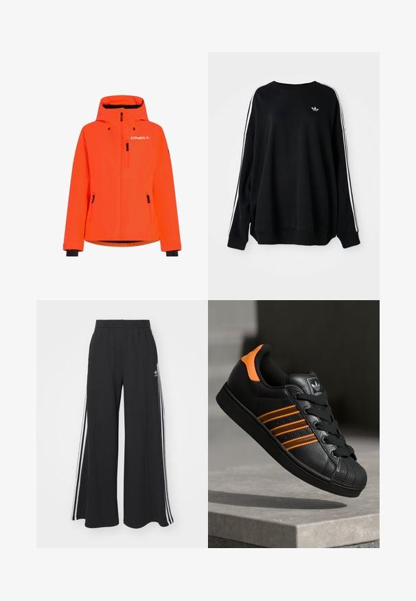 Svetlo oranžová nepremokavá bunda s kapucňou, dvoma prednými vreckami na zips a čiernymi akcentmi na manžetách a leme. Obsahuje logo O'NEILL na hrudi.; Čierna voľná mikina z mäkkého materiálu, s bielymi pruhmi pozdĺž rukávov a malým logom na hrudi. Okrúhly výstrih.; Čierne široké teplákové nohavice s elastickým pásom, so bielymi bočnými prúžkami a výšivkou loga na ľavom stehne.; Čierne tenisky s oranžovými akcentami, tromi horizontálnymi pruhmi, textúrovaným koženým zvrškom, gumovým ochranným vankúšikom na prstoch a čiernymi šnúrkami.
