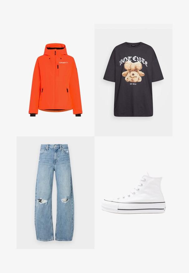 Heldere oranje waterdichte jas met capuchon, twee voorzakken met rits en zwarte accenten op de mouwen en zoom. Voorzien van het O'NEILL-logo op de borst.; Zwart oversized t-shirt met een afbeelding van een beer en de tekst "NIET SCHATTIG, MAAR WILD" in grote, witte letters. Gemaakt van katoen.; Lichtblauwe, hooggeritste jeans van denim. Beschikken over wijde pijpen, twee gescheurde knievalken en klassieke vijfzakken styling.; Witte high-top canvas sneakers met een zwarte rubberen zool, een rubberen neuskap aan de voorkant en zes gaatjes voor veters, met een schone, minimalistische uitstraling.