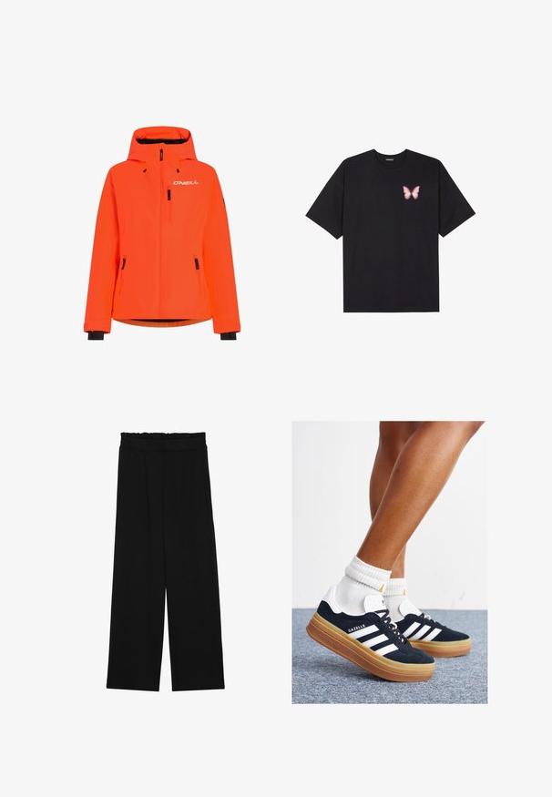 Ryškiai oranžinė nepralaidi vandeniui striukė su gobtuvu, dviem užtrauktukais uždaromomis priekinėmis kišenėmis ir juodais akcentais ant rankovių bei apvado. Priekyje yra O'NEILL logotipas.; Juodas medvilnės marškinėliai trumpomis rankovėmis, su maža rožine drugelio grafika kairėje krūtinės pusėje. Apvalus kaklo iškirpimas, laisvas kirpimas.; Juodi platūs kelnes su volaniniu juosmeniu, turinčiu dvi šonines kišenes ir glotnią, lengvą medžiagą. Nėra matomų raštų ar detalių.; Juodi zomšiniai sportbačiai su baltais dryžiais ir akcentais, apvalios nosies, guminio, gumos pado, derinami su baltais raitytais vidutinio ilgio kojinaitėmis.