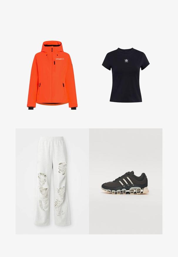Bright orange waterproof jacket with a hood, two zippered front pockets, and black accents on cuffs and hem. Features O'NEILL logo on chest.; Black short-sleeve t-shirt made of cotton. Features a crew neckline and a white Adidas logo with three leaves on the chest.; Light gray sweatpants with a loose fit, featuring multiple distressed patches, soft texture, and an elastic waistband.; Black athletic shoe with a textured upper, three silver stripes, and a distinctive cushioning sole featuring multiple integrated sections.