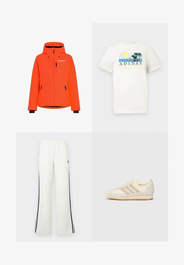 Lys orange vandtæt jakke med hætte, to lynlåsforlommer og sorte detaljer ved manchetter og kant. Har O'NEILL-logo på brystet.; Hvid bomulds t-shirt med et grafisk design af en sol, palmer og vand. "ADIDAS Sports Club" trykt i grøn og gul.; Lyse cremefarvede bukser i kabelstrik med flared design. Har mørkeblå sidelommer og en Adidas-logo på hoften. Elastisk taljebånd.; Creme atletisk sneakers med tre beige striber, lavet af ruskind og tekstilmaterialer, en struktureret sål og prægede mærker på hælen.