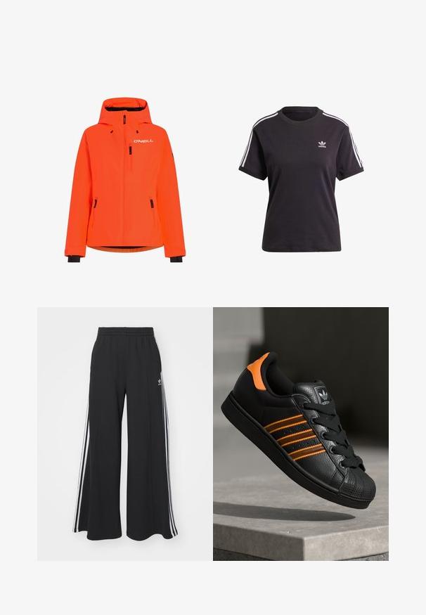 Jasnopomarańczowa wodoodporna kurtka z kapturem, dwiema kieszeniami na zamek z przodu oraz czarnymi akcentami na mankietach i dolnym obszyciu. Na piersi znajduje się logo O'NEILL.; Czarny bawełniany t-shirt z krótkim rękawem i okrągłym dekoltem, z białymi paskami na ramionach oraz małym białym logo Adidasa na piersi.; Czarne szerokie spodnie dresowe z elastycznym pasem, z białymi paskami po bokach i haftowanym logo na lewej udzie.; Czarne sneakersy z pomarańczowymi akcentami, trzema poziomymi paseczkami, skórzaną cholewką o teksturowanej powierzchni, gumowym noskiem i czarnymi sznurówkami.