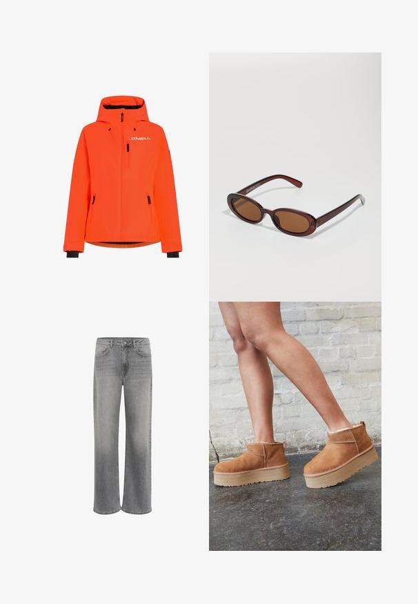 Ljusorange vattentät jacka med huva, två dragkedjeförsedda framlappar och svarta detaljer vid ärmslut och nederkant. Har O'NEILL-logotypen på bröstet.; Vit t-shirt med kort ärm i bomull. Har en rundad halsringning och en avslappnad passform. Slät textur utan synliga mönster eller detaljer.; Breda jeans i grå denim, med hög midja, fem fickor, en knappstängning fram och subtil blekning på tyget.; Bruna mocka ankelskor med en fluffig foder, tjock beige plattformssula och en dragflik bak. Texturerad yta med synliga sömdetaljer.; Runda, bruntonade solglasögon med en glansig bordeauxfärgad ram. Smala bågar med subtilt varumärkesdetalj. Platt linsdesign.; Mörkbrun triangelformad vävd läderhandväska med ett enda flätat handtag och synlig dragkedjekloss på ena sidan.