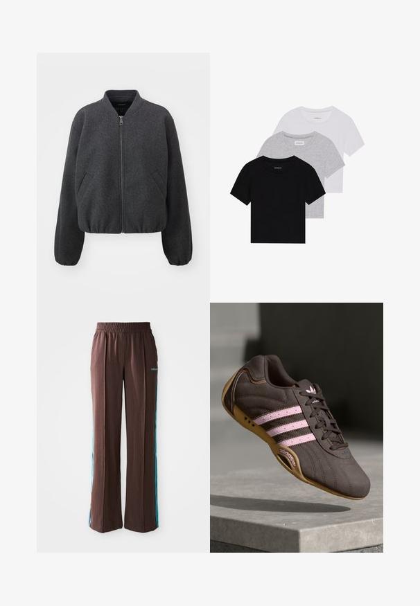 Vero Moda VMPOPBELLA SHORT JACKET - Bombejakke - dark grey; Sett med tre kortermede t-skjorter i svart, grått og hvitt. Laget av bomull, med rund hals og en enkel, ensfarget design.; Brune sporty bukser med ribbet tekstur, elastisk talje og turkise side striber. Har adidas-logoet på forsiden.; Brune suede atletik sko med rosa striper og logo, med en teksturert overdel, snøring og såle i gummigummi.