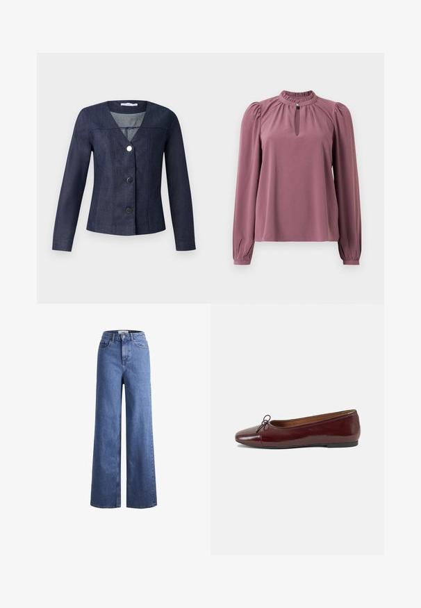 Navy traper jakna s V-izrezom, dugim rukavima, prilagođenog kroja i tri crna gumba sprijeda. Ima vertikalne šavove.; Bluzica dugih rukava u mauve boji s naboranim ovratnikom, izrezom u obliku ključa s kopčanjem na dugme i blago napuhanim ramenima.; Svijetloplavi traper široki traperice s visokim strukom, dva prednja džepa i vidljivim šavovima. Imaju kopčanje na gumb i patentni zatvarač.; Burgundska lakirana balerinka s zaobljenim vrhom, malim mašnom sprijeda i niskom, crnom gumenom potplatu. Glatka tekstura.