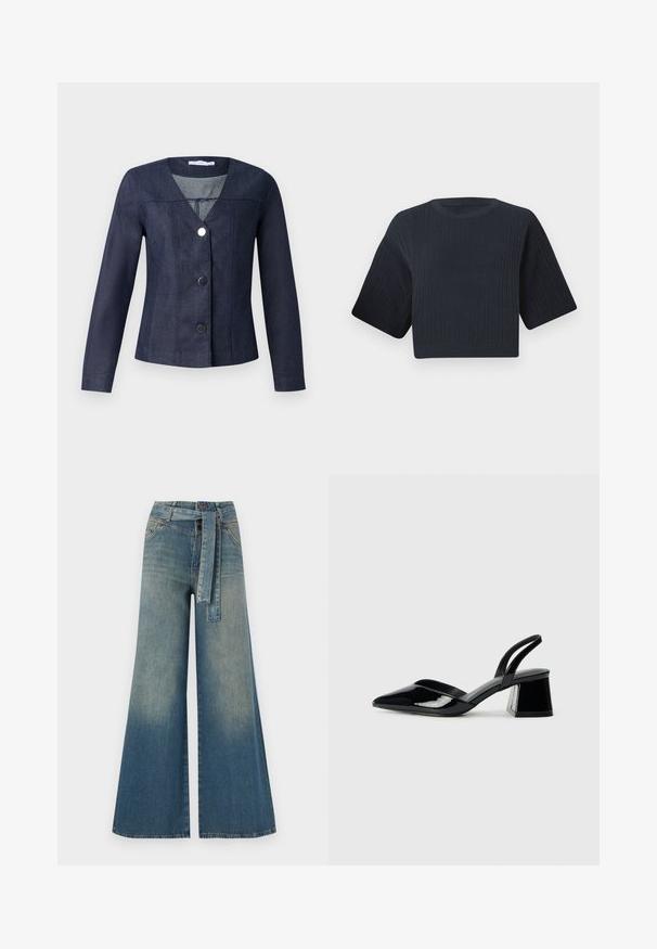 Granatowa kurtka dżinsowa z dekoltem w serek, długimi rękawami, dopasowanym krojem i trzema czarnymi guzikami z przodu. Posiada detale pionowych szwów.; Ciemnogranatowy krótkowłosy sweter dzianinowy z prążkowaną teksturą, szerokimi krótkimi rękawami i okrągłym dekoltem. Prosty design, brak widocznych wzorów lub akcentów.; Szerokie spodnie dżinsowe z gradientem od jasnoniebieskiego do ciemnoniebieskiego, wysokim stanem, szlufkami na pasek oraz pasującym paskiem z tkaniny. Teksturowany wykończenie dżinsu.; Czarne lakierowane półbuty na obcasie z wydłużonym noskiem i geometrycznym słupkiem. Charakteryzują się eleganckim, minimalistycznym designem oraz gładką fakturą.
