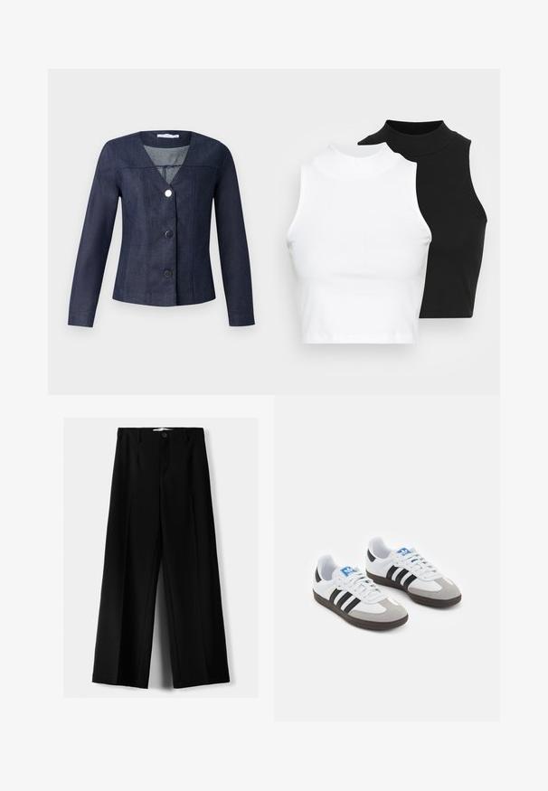 Navy traper jakna s V-izrezom, dugim rukavima, prilagođenog kroja i tri crna gumba sprijeda. Ima vertikalne šavove.; Dvije bezrukavne rebraste majice s visokim ovratnikom u crnoj i bijeloj boji, s prilagođenim dizajnom i glatkom teksturom, te skraćenom dužinom.; Crne široke hlače izrađene od lagane tkanine, s prednjim zatvaranjem na dugme i ravnim prednjim dijelom, sa uredno šivenim rubovima.; Sportske cipele s gornjištem od bijele kože, sivi suedinasti nos i tri crne pruge. Imaju plavi logo na jeziku i teksturiranu gumenu podlogu.