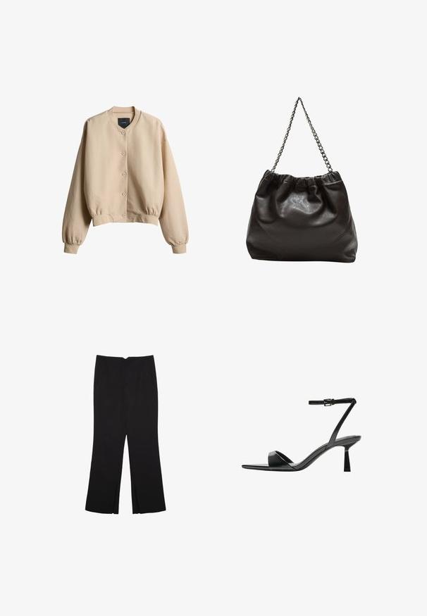 Beige verkürzte Jacke aus weichem Stoff, mit Rundhalsausschnitt, vorderer Knopfleiste und elastischen Bündchen mit glatter Textur.; Schwarzes, langärmliges, kurz geschnittenes Oberteil mit Rundhalsausschnitt, schlichter Gestaltung und leicht abgerundetem Saum.; Schwarze Hose mit geradem Schnitt, ausgestattet mit Fronttaschen und Seitenschlitzen am Saum. Hergestellt aus weichem, glattem Stoff. Geeignet für verschiedene Anlässe.; Bershka High Heel Sandalette - black; Braune Lederhandtasche mit gerafftem Oberteil und Kettenriemen. Glatte Textur mit glänzendem Finish und subtilen Nahtdetails an den Seiten.
