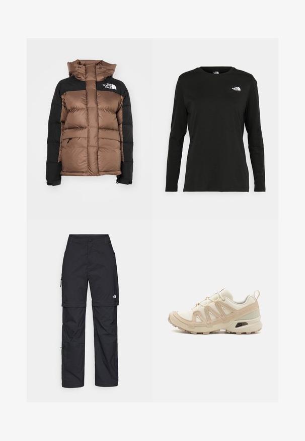 Smeđa i crna puffer jakna s visokim ovratnikom, patentnim zatvaračem sprijeda i logom na gornjem lijevom dijelu. Ima dva velika prednja džepa i podesive manžete.; Crni dugih rukava majica od pamuka s okruglim izrezom. Ima mali bijeli logo na lijevoj strani prsnog područja. Jednostavan dizajn i kroj.; Crne najlon hlače s munjevim zatvaranjem, odvojive cargo hlače s podesivim manžetama, brojnim džepovima i logom na desnoj nozi. Glatka, lagana tekstura.; Bež i kremasti sportski tenisice s teksturiranim mrežastim gornjim dijelom, potpornih preklopa i gumeni potplat s uzorcima za prianjanje.