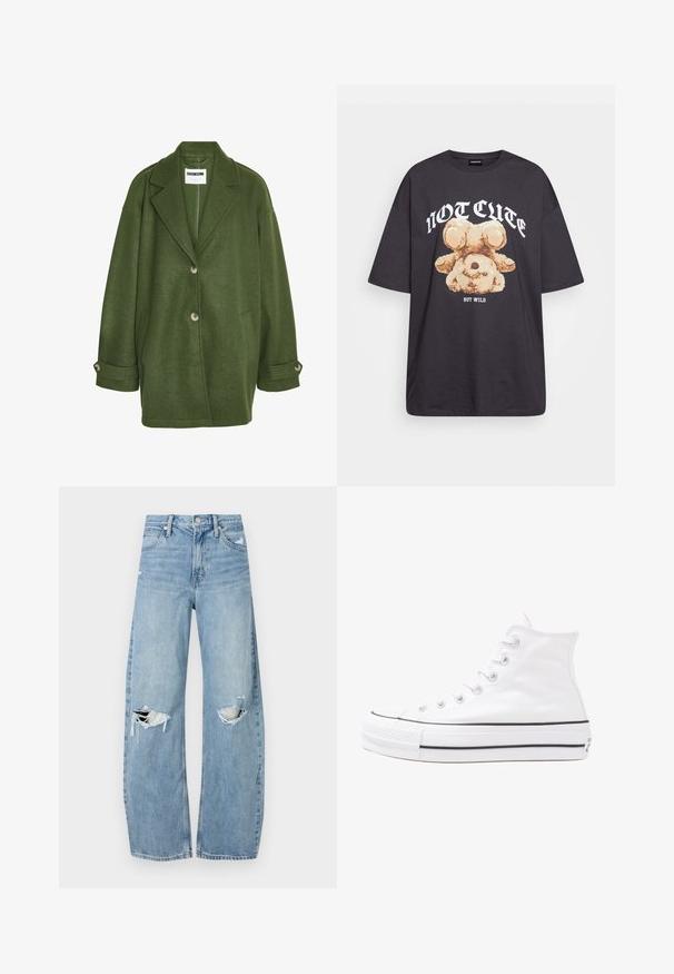 Zaļš vilnas maisījuma mētelis ar iegriezto apkakli, divām priekšējām kabatām un trim pogām. Iezīmē brīvu piegriezumu un sarullētus piedurknes.; Melna, pārmērīga t-kreklu, kurā attēlots lācis ar uzrakstu "NAV MIERĪGS, BET VILKIS" treknos baltos burtiem. Izgatavots no kokvilnas materiāla.; Gaiši zili, augstās vidukļa džinsi, kas izgatavoti no denima. Iespējas plašas kājas, divas plēstas ceļa daļas un klasiskā piecu kabatu dizains.; Balti augstie kanvas sporta apavi ar melnu gumijas zoli, priekšējo gumijas purngalu un sešām acīm lencēm, kuriem ir tīrs, minimālistisks dizains.