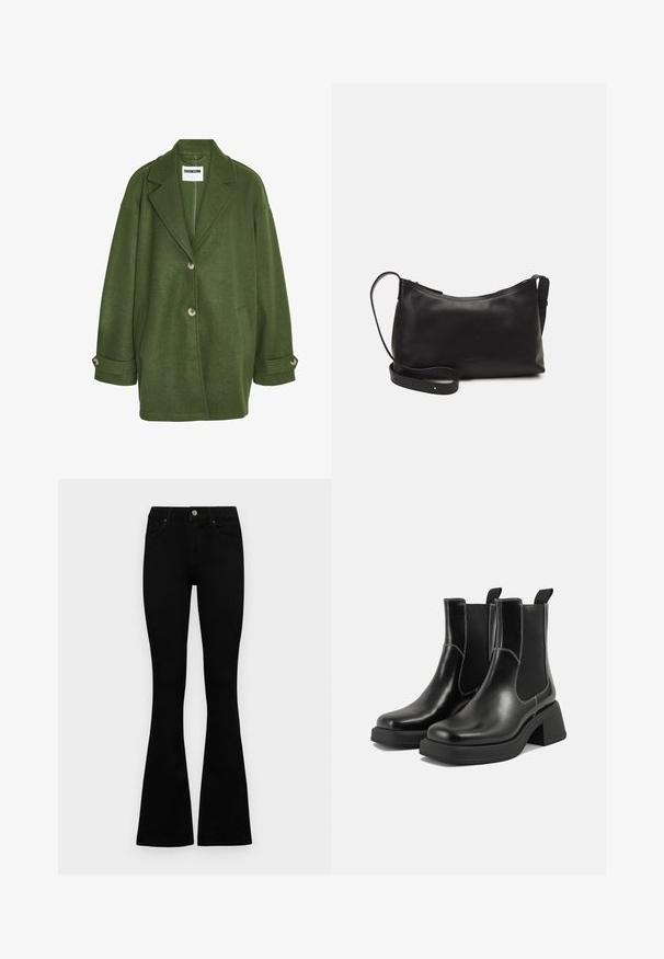 Casaco verde em mistura de lã com colarinho com recorte, duas bolsos frontais e três botões. Apresenta um corte solto e punhos dobrados.; T-shirt preta de mangas curtas com decote redondo, feita de tecido de algodão suave. Design simples, sem logótipos ou padrões visíveis.; Jeans pretos de cintura alta com fecho de botão e zíper, bolsos frontais e pernas largas dispostos em cima de um fundo branco.; Botas Chelsea em couro preto com um salto grosso, painéis laterais elásticos e costura branca em contraste. Acabamento texturizado.; Bolsa de ombro em pele preta com textura suave, forma curva, alça ajustável e fecho com zip. Design minimalista sem adornos.
