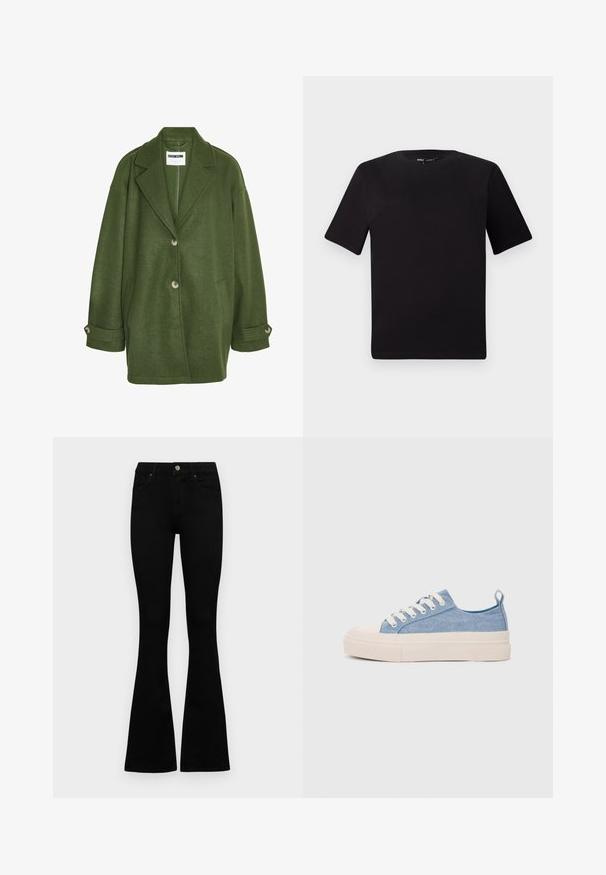 Grønn ullblanding frakk med notched krage, to frontlommer og tre knapper. Har en løs passform og rullede mansjetter.; Svart t-skjorte med korte ermer og rund hals, laget av mykt bomullsstoff. Enkelt design, ingen synlige logoer eller mønstre.; Sorte høytlivsjeans med knapp og glidelås, frontlommer og utsvingte bein liggende flatt på en hvit bakgrunn.; Lys blå canvastøfler med en kremfarget gummitupp og yttersåle, med hvite snørebånd og en løfteløkke på hælen.