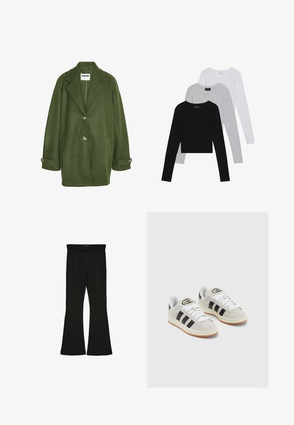 Roheline villa segune mantel, millel on lõhega krae, kaks eest taskut ja kolm nööpi. Omab lõdva istuvust ja rullitud varrukaid.; Kolm pikkade varrukatega toppi, mis on üksteise peale asetatud: must, hall ja valge. Igal ühel on ümar kaelus ja lühike disain, valmistatud siledast, kergekaalulisest kangast.; Mustad mustad sääred, mis on valmistatud venivast kangast. Omab laia vööd ja siledat tekstuuri, sobituv siluett, mis laieneb allservas.; Hallid hallid nahkrennid valgete paeltega, mustade triipudega ja valge kummitaldiga. Omab ümmargust logo keeles ja kummitalda.