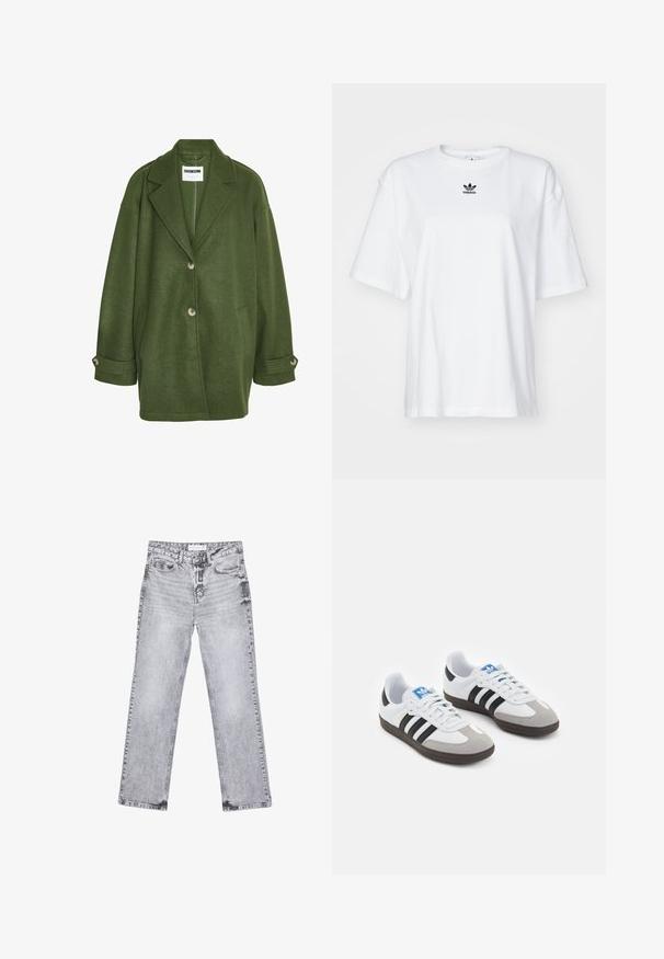 Zelený kabát z vlněné směsi s klopovým límcem, dvěma předními kapsami a třemi knoflíky. Má volný střih a ohrnuté manžety.; Bílý krátký rukávový tričko vyrobené z bavlny. Má kruhový výstřih a malé černé logo Adidas na hrudi. Rovný lem.; Šedé džíny z denimu se střihy rovnými nohavicemi, s poškozenou úpravou, pěti kapsami a měděnými nýtky. Pasová část obsahuje logo štítek.; Sportovní boty s bílým koženým svrškem, šedou semišovou špičkou a třemi černými pruhy. Obsahují modré logo na jazyku a texturovanou gumovou podrážku.
