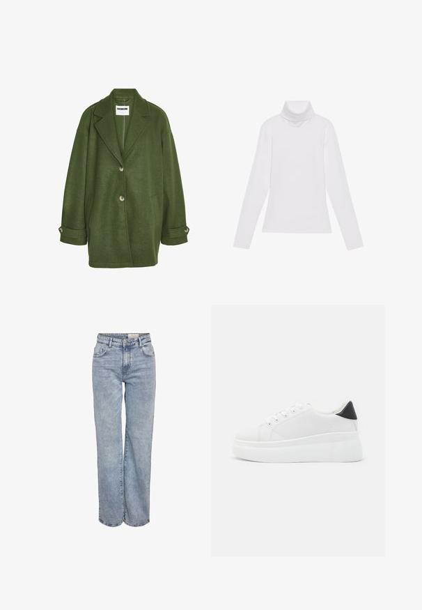 Žalias vilnos mišinys paltas su įpjautu apykakle, dviem priekinėm kišenėm ir trimis mygtukais. Turi laisvą kirpimą ir apverstus rankogalius.; Baltas ilgomis rankovėmis turtleneko tipo marškinėliai, pagaminti iš lygaus, tamprus audinys. Yra aukštas apykaklė ir prisitaikantis dizainas, be matomų raštų ar papuošimų.; Šviesiai mėlyni plačios kojų džinsai, pagaminti iš džinsinio audinio, pasižymintys aukštu liemeniu, penkių kišenių dizainu ir subtiliu blukimu, kad atrodytų jau dėvėti.; Balti platforminiai sportbačiai, pagaminti iš lygios sintetinio audinio, su apvaliu pirštu, raištelių užsegimu ir tekstūruota guma padanga. Juodas kulno akcentas.