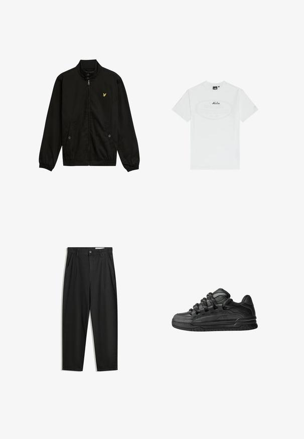 Zwarte nylon zip-up jack met een hoge kraag, elastische manchetten, twee voorzakken en een klein geel logo op de borst.; Witte katoenen t-shirt met korte mouwen. Heeft een centrale ovale afbeelding met de tekst "New Era" in donkerblauw. Simpele, klassieke pasvorm.; Zwarte katoenen broeken met een losse pasvorm, voorzien van een klassieke tailleband, voorplooien en zijzakken. Gladde structuur zonder patronen.; Zwarte sneakers met een glad leren bovenwerk, gearceerde accenten en ronde zwart-witte veters. Dikke rubberen zool met een geprofileerd loopvlak.