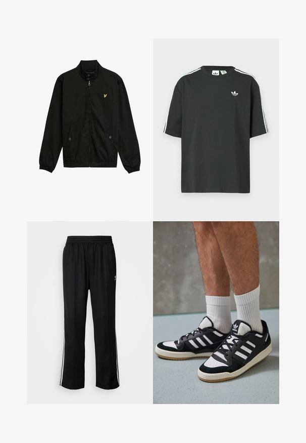 Black nylon zip-up jacket with a high collar, elastic cuffs, two front pockets, and a small yellow logo on the chest.; Black cotton t-shirt with short sleeves, crew neckline, and white three-stripe detailing on shoulders. Features a small white logo on chest.; Black athletic pants with an elastic waistband, featuring white side stripes and a small logo. Material appears soft and lightweight.; Black and white sneakers with a suede and leather upper, featuring three white stripes, a perforated toe, and a gum rubber sole.