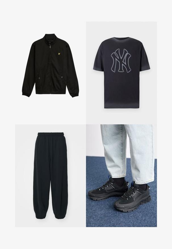 Crna najlon jakna na patentni zatvarač s visokim ovratnikom, elastičnim manžetama, dva prednja džepa i malim žutim logotipom na prsima.; Tamno siva pamučna majica s istaknutim sivim NYC logotipom u kontrastnom središtu. Kratki rukavi i klasičan okrugli izrez.; Crne, dukserice s elastičnim strukom, širokog kroja, s manžetama na gležnjevima, glatke teksture i bez vidljivih uzoraka ili metalnih detalja.; Crne atletske cipele s teksturiranom tkaninom i gumene potplate, s elastičnim vezicama i plavim akcentom na peti. Nosene su s svijetlim trapericama.