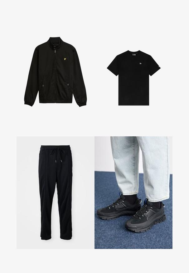 Black nylon zip-up jacket with a high collar, elastic cuffs, two front pockets, and a small yellow logo on the chest.; Black cotton t-shirt with a crew neck, short sleeves, featuring a small white logo on the left chest and no additional patterns or accents.; Black drawstring waist casual pants with side seam pockets and straight leg cut on a plain background.; Black athletic shoes with textured fabric and rubber soles, featuring elastic laces and a blue accent on the heel. Worn with light denim pants.