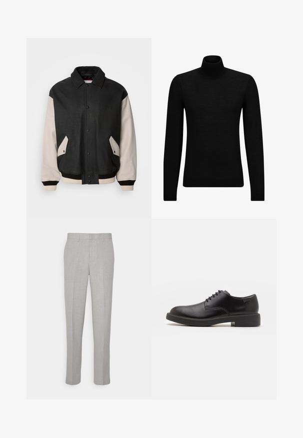 HUGO LIMER - Bomber-jakk - black; Musthave muströid ja pehmest materjalist must turtleneck, millel on pikad varrukad ja tihe istuvus. Ribaga ääris allservas ja vöökohal. Lihtne disain.; Heledad hallid püksid sileda tekstuuriga, lame esiots ja sirged sääred. Valmistatud hingavast kangast, millel on sisepocketid ja vöölõngad.; Must beemel levalis kingad ümarate varvastega, sileda pinnaga, minimaalsete õmblustega ja madala kummist kontsaga. Logo kontsa peal.