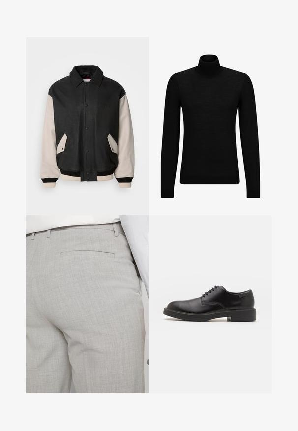 HUGO LIMER - Bomber Jacket - black; Black turtleneck sweater made of soft material, featuring long sleeves and a snug fit. Ribbed trim at the hem and cuffs. Simple design.; Light gray tailored trousers made of textured fabric, featuring a single back pocket and clean stitching.; Black leather lace-up shoe with a rounded toe, smooth texture, minimal stitching, and a low rubber heel. Logo on the heel.