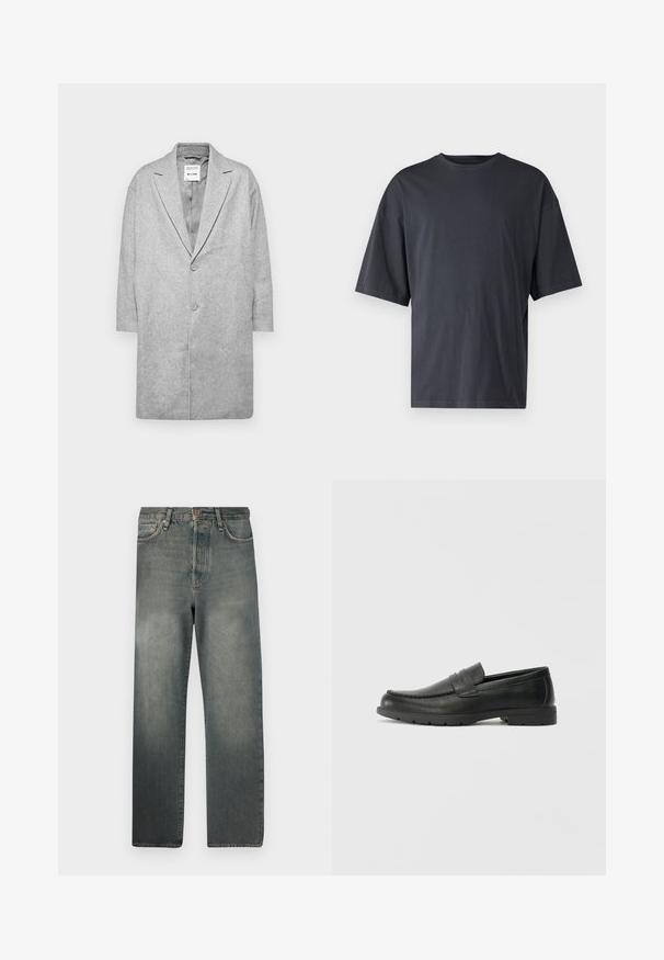 Szürke gyapjú keverék kabát, ferde gallérral, kétsoros gombos záródással és háromnegyedes ujjakkal. Sima textúrával és minimalista dizájnnal.; Sötét szürke, rövid ujjú póló, könnyű pamutból készült, laza szabással és klasszikus kerek nyakkivágással, sima textúrájú és minták nélküli.; Jack & Jones JJIALEX JJCOOPER - Túlméretezett farmernadrág - black denim; Fekete bőr mokaszinok sima felülettel, a mokaszin stílusú felsőrésszel, varrott részletezéssel és gumitalppal. Klasszikus dizájn alacsony sarokkal.