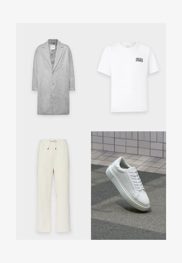 Halli villasegude mantel nööpidega kraega, kahekordne nööpide sulgemine ja kolmveerandvarrukad. Sile tekstuur ja minimalistlik disain.; Valge puuvillane T-särk, lühikeste varrukatega, ümmarguse kaelusega. Vasakul rinnal on musta teksti logoga "JACK & JONES". Lihtne, üksikasjadeta disain.; Kreemit värvi ribaroogadega dressipüksid, millel on nööriga vöökoht, kaks külgetaskut ja sirge jalgade disain.; Valge nahkline sneka, millel on sile pind, ümar varvas ja lame valge pael. Omab tekstuuriga kummist talla ja minimaalset kujunduselementi.