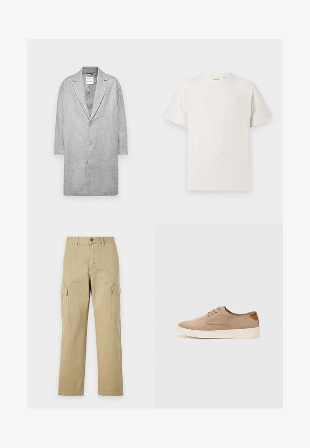Γκρι παλτό από μίγμα μαλλιού με γιακά κομμένο, κλείσιμο με διπλό κουμπί και μανίκια τριών τετάρτων. Λείος υφασμάτινος χαρακτήρας με μινιμαλιστικό σχέδιο.; Λευκή κοντομάνικη μπλούζα με ριγωτή υφή. Στρογγυλή λαιμόκοψη, χαλαρή εφαρμογή, χωρίς ορατά σχέδια ή λεπτομέρειες. Απλός και ευέλικτος σχεδιασμός.; Μπεζ cargo παντελόνια φτιαγμένα από βαμβάκι, με δύο πλάγιες τσέπες, κουμπί κλεισίματος και ίσια πόδια με ελαφρώς υφαντό ύφασμα.; Μπεζ σουέντ αθλητικά παπούτσια με στρογγυλή μύτη, κορδόνια και υφή στην πίσω πλευρά. Λευκή καουτσούκ σόλα προσφέρει αντίθεση. Απλός και μοντέρνος σχεδιασμός.