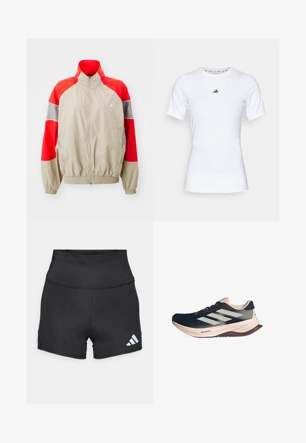 adidas by Stella McCartney TRACKTOP - Jakna za treniranje - desert sand/active red; Bjela atletska majica s kratkim rukavima, izrađena od glatkog, rastezljivog materijala. Na prsima se nalazi mali crni Adidas logo.; adidas Performance Tajice - black; Tenisice za trčanje s tamnoplavom mrežastom gornjom partijom, svijetlosmešnim đonom i bijelim trostrukim prugama. Odlikuju se elegantnim, aerodinamičnim oblikom i teksturiranim detaljima.