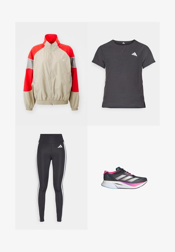 adidas by Stella McCartney TRACKTOP - Training jacket - desert sand/active red; Short-sleeve athletic t-shirt, dark gray with perforated texture. Features a white logo and contrasting side stripes. Rounded neckline.; Black leggings with high waist, featuring white side stripes and a small white logo on the upper left thigh. Made from smooth, stretchy material.; Running shoe with a gray mesh upper, pink accents, and white stripes. Features a cushioned sole and a sleek, aerodynamic design.