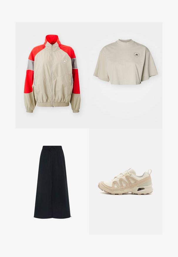 adidas by Stella McCartney TRACKTOP - Training jacket - desert sand/active red; Cropped, short-sleeve t-shirt in light beige cotton. Features a high neck and black circular logo on the left chest area.; Black wide-leg pants with an elastic waistband and adjustable drawstring. Made of lightweight fabric with a smooth texture. No visible patterns.; Beige and cream athletic shoe with textured mesh upper, supportive overlays, and rubber outsole featuring a tread pattern for traction.