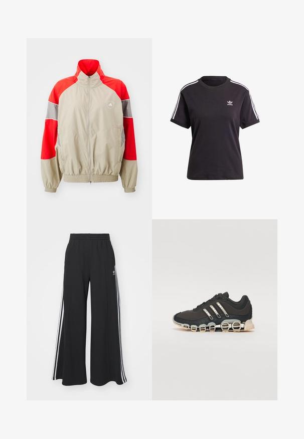 adidas by Stella McCartney TRACKTOP - Chaqueta de entrenamiento - desert sand/active red; Camiseta de algodón negra de manga corta con cuello redondo, que presenta rayas blancas en los hombros y un pequeño logo blanco de Adidas en el pecho.; Pantalones de chándal negros de pierna ancha con una cinturilla elástica, que presentan franjas blancas a los lados y un logo bordado en el muslo izquierdo.; Zapatilla deportiva negra con parte superior texturizada, tres rayas plateadas y una suela de amortiguación distintiva que presenta múltiples secciones integradas.