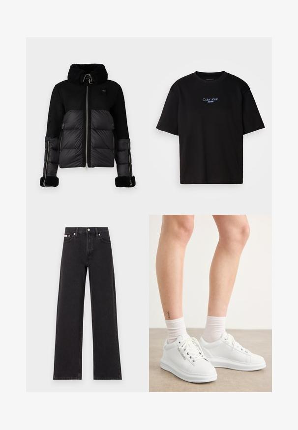 Blauer DANA - Jakna ispunjena paperjem - nero; Crna pamučna majica s okruglim izrezom, kratkim rukavima i plavim izvezenim logom "Calvin Klein JEANS" na prednjoj strani.; Crne široke traperice od denima, s visokim strukom, pet džepova i metalnim zatvaranjem s kontrastnim šavovima.; Bijele kožne tenisice s glatkom teksturom, okruglim nosom i ravnim gumenom potplatom. Čipke su vidljive, a rubovi čarapa su bijeli.