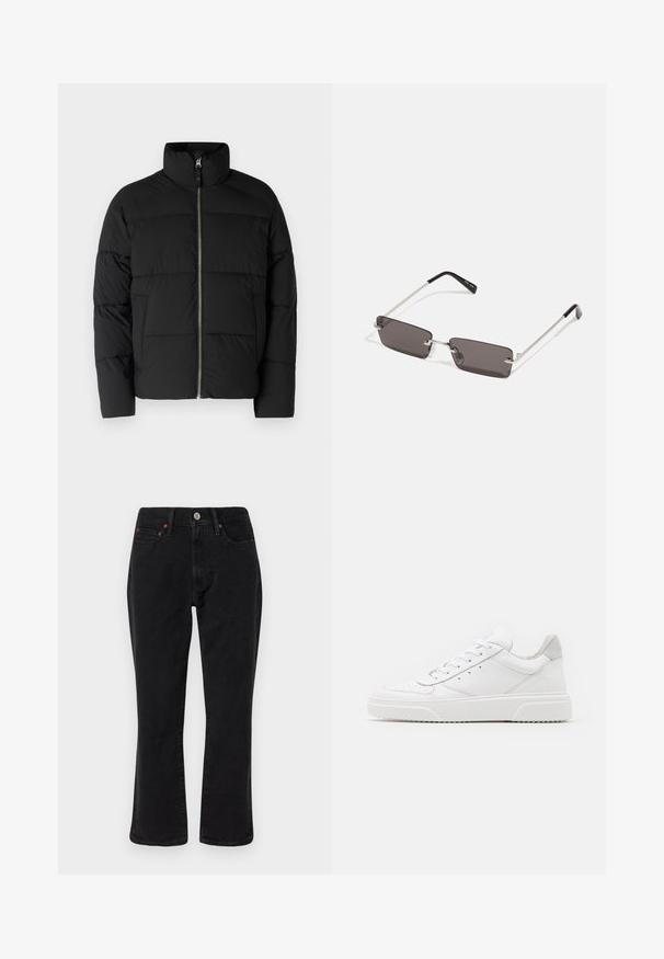 Crna puffer jakna s visokim ovratnikom, prednjim zatvaračem i kvadratnim šavovima. Izrađena od glatkog, izoliranog materijala.; Bijela pamučna majica kratkih rukava s okruglim izrezom, s crvenim grafičkim natpisom "UKUSNO OSVJEŽAVAJUĆE VOĆE" sprijeda.; Crne traperice od denima s ravnim krojem, pet džepova i metalnim detaljima s bakrenim akcentima. Glatka tekstura i srednja visina struka.; Bijele kožne tenisice s glatkom površinom, okruglim vrhom, ravnim vezicama i strukturiranom potplatom. Sivi antilop naglasak na peti.; Naočale s pravokutnim, tamnosivim lećama, srebrnim metalnim okvirom i crnim plastičnim vrhovima na ručkama. Lagani dizajn s jastučićima za nos.