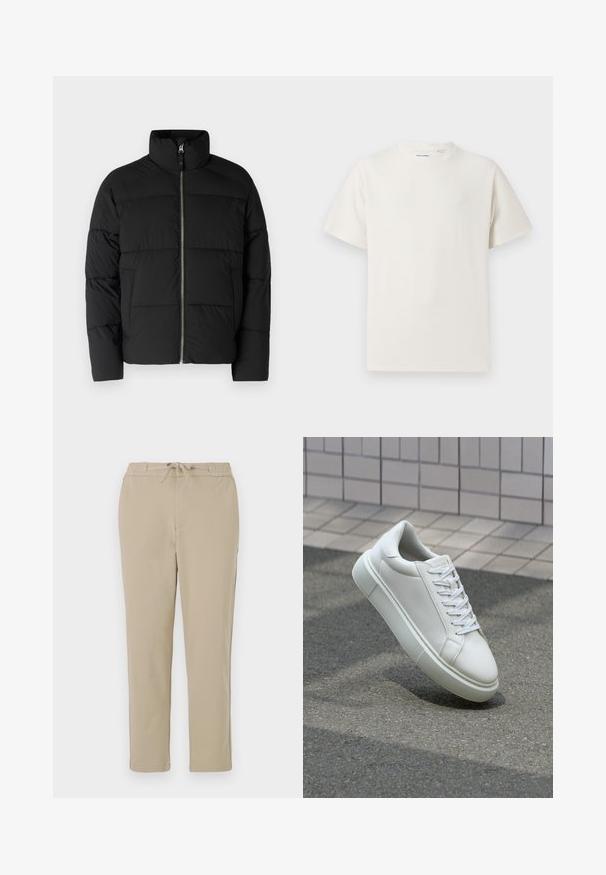 Črn napihnjen jopič z visokim ovratnikom, sprednjim zadrgo in prešito strukturo. Narejen iz gladkega, izoliranega materiala.; Bela majica s kratkimi rokavi iz rebraste tkanine. Okrogli izrez, sproščen kroj, brez vidnih vzorcev ali naglasov. Preprosta in vsestranska zasnova.; Bež harem hlače z elastičnim pasom in vrvico, z ravnim krojem in mehkimi, gladkimi materiali.; Bela usnjena teniska obutev z gladko površino, okroglo konico in ravnimi belimi vezalkami. Ima teksturiran gumijast podplat in minimalne oblikovalske elemente.