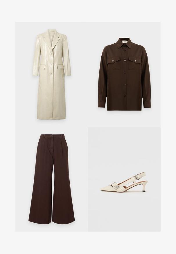 Crocodile pattern faux leather long coat, light beige, with notched lapels, two front pockets, and button closure. Smooth, shiny texture.; Dark brown long-sleeve button-up shirt with two flap chest pockets and a classic collar, displayed against a plain white background.; High-waist wide-leg brown pants with button and zipper closure, belt loops, and front pleats.; White leather slingback shoe with a pointed toe, small heel, and adjustable strap featuring a prominent silver buckle detail.