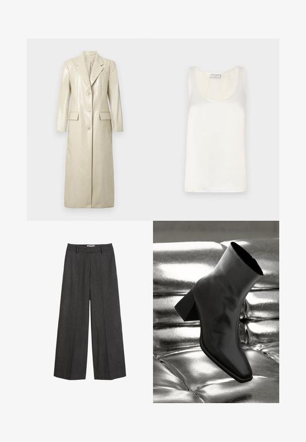 Cappotto lungo in faux leather con motivo coccodrillo, color beige chiaro, con bavero a punta, due tasche frontali e chiusura a bottone. Texture liscia e lucida.; Top canotta senza maniche in satin bianco, caratterizzato da un collo rotondo e una texture liscia, con una leggera lucentezza e bordi puliti.; Pantaloni a gamba larga in tessuto grigio scuro. Presentano una vita sartoriale con passanti per cintura, una texture liscia e accenti di cucitura minimal.; Stivale alla caviglia nero realizzato in materiale lucido con punta quadrata e tacco affusolato, posizionato su uno sfondo argentato lucido con imbottiture a sfera.