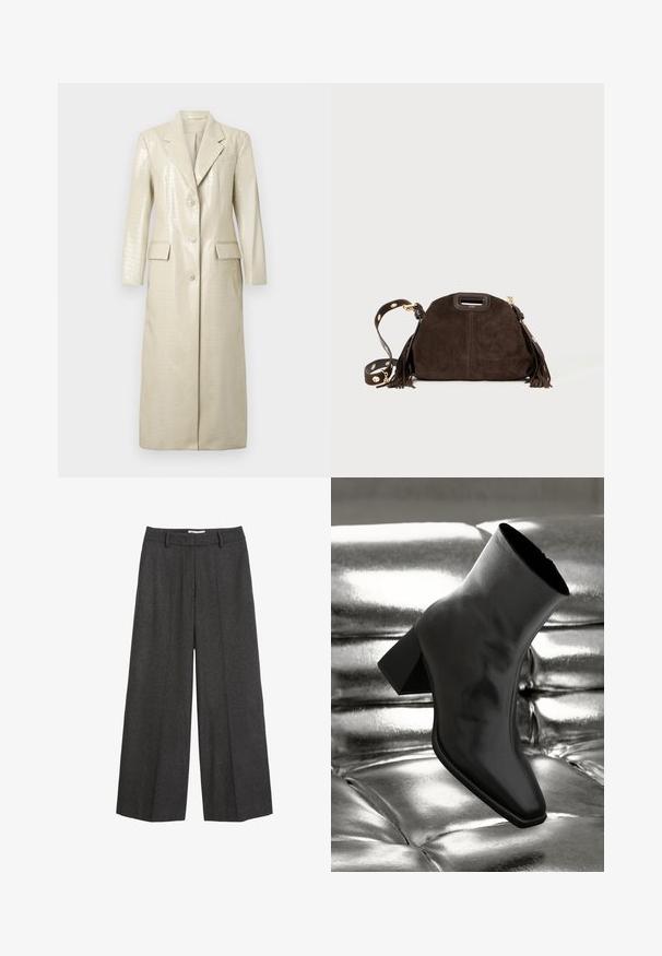 Krokodilmuster Kunstleder lange Jacke, hellbeige, mit Reverskragen, zwei Fronttaschen und Knopfverschluss. Glatte, glänzende Textur.; Weißes Satin-Ärmelloses Tanktop mit rundem Ausschnitt und glatter Textur, subtiler Glanz und saubere Kanten.; Weite Hose aus dunkelgrauem Stoff. Verfügt über einen maßgeschneiderten Bund mit Gürtelschlaufen, glatter Textur und minimalen Nähakzenten.; Schwarzer Knöchelstiefel aus glänzendem Material mit quadratischer Zehenform und verjüngtem Absatz, vor einem glänzenden silbernen gepolsterten Hintergrund.; Braune Wildleder-Handtasche mit runder Form, dekorativen Fransen, abnehmbarem Tragegurt mit goldenen Beschlägen und einem oberen Henkel.