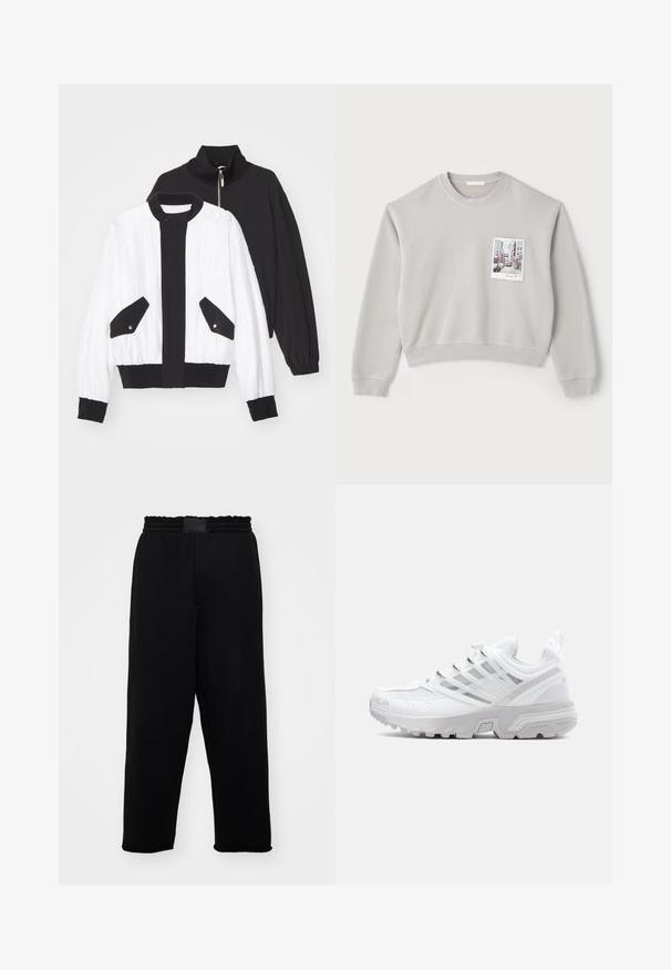 Schwarze und weiße, taillierte Jacke mit einem schwarzen Reißverschlusskragen, zwei Vordertaschen mit Druckknöpfen sowie einem gerippten Saum und Bündchen.; Hellgrauer, kurz geschnittener Sweatshirt aus weichem Material, mit einer Fronttasche und Druckmotiv. Gerippte Bündchen und Saum.; Schwarze Sweatpants mit elastischem Bund, Seitentaschen und lockerer Passform. Hergestellt aus weichem, glattem Stoff mit einheitlicher Textur.; Weiße Sportschuhe mit einer strukturierten Mesh-Oberfläche, schlankem Design, verstärkter Zehenpartie und silbernen Akzenten im Schnürsystem und der Zwischensohle.