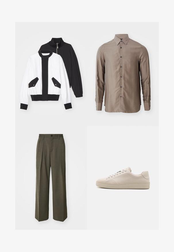 Giacca cropped in bianco e nero con colletto nero con zip, due tasche frontali con bottone a pressione e orlo e polsini a costine.; Camicia a maniche lunghe di colore taupe, realizzata in tessuto morbido, con chiusura a bottoni e bottoni scuri, e un piccolo logo sul petto.; Filippa K WIDE TROUSERS - Pantaloni - driftwood; Sneakers in pelle beige con una finitura liscia, punta rotonda, suola piatta e design classico con lacci. Dettagli di cucitura discreta e suola testurizzata.