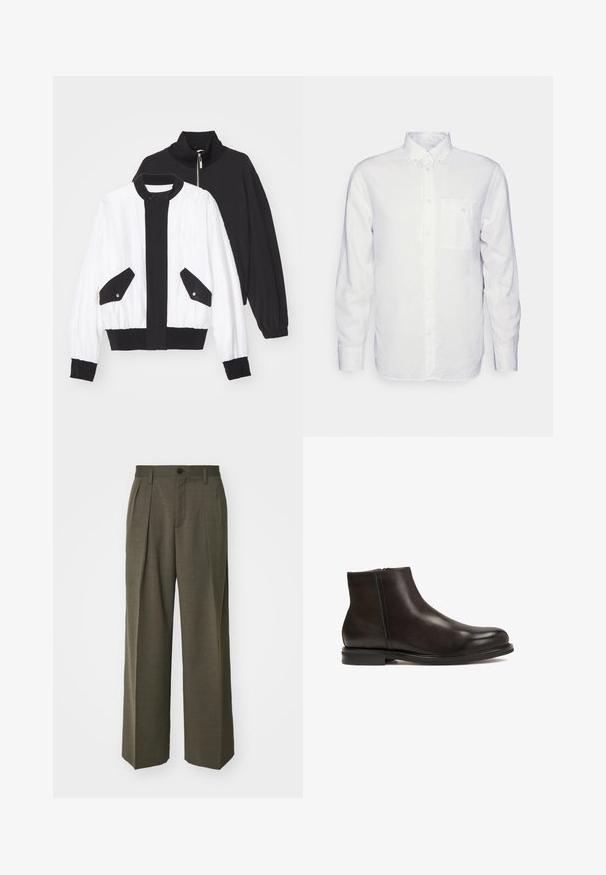 Musta-valkoinen lyhyt takki, jossa on musta vetoketjukuulu, kaksi etutaskua, joissa on nepparit, sekä ribattua helmaa ja hihansuita.; Pitkähihainen valkoinen puuvillasukkahousu, jossa on napillinen kaulus, etutasku ja normaali istuvuus. Rakenne on teksturoitu ja pinta sileä.; Filippa K WIDE TROUSERS - Housut - driftwood; Musta nahkasaapas nilkkapituisella mallilla, jossa on sileä pinta, pyöreä kärki ja matala korko. Varustettu sivun vetoketjulla, joka helpottaa pukemista.