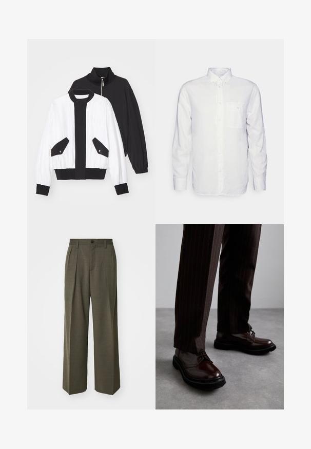Zwart-wit cropped jack met een zwarte ritskraag, twee voorzakken met drukknoopsluitingen en een geribde zoom en manchetten.; Witte longsleeve shirt van katoen, met een button-down kraag, een voorzak en een regular fit. Textuurstof met een gladde oppervlakte.; Filippa K WIDE TROUSERS - Broek - driftwood; Bruine leren veterschoenen met een glanzende afwerking, zwarte rubberen zool en subtiele stiksels. Draag ze met bruin gestreepte broek.